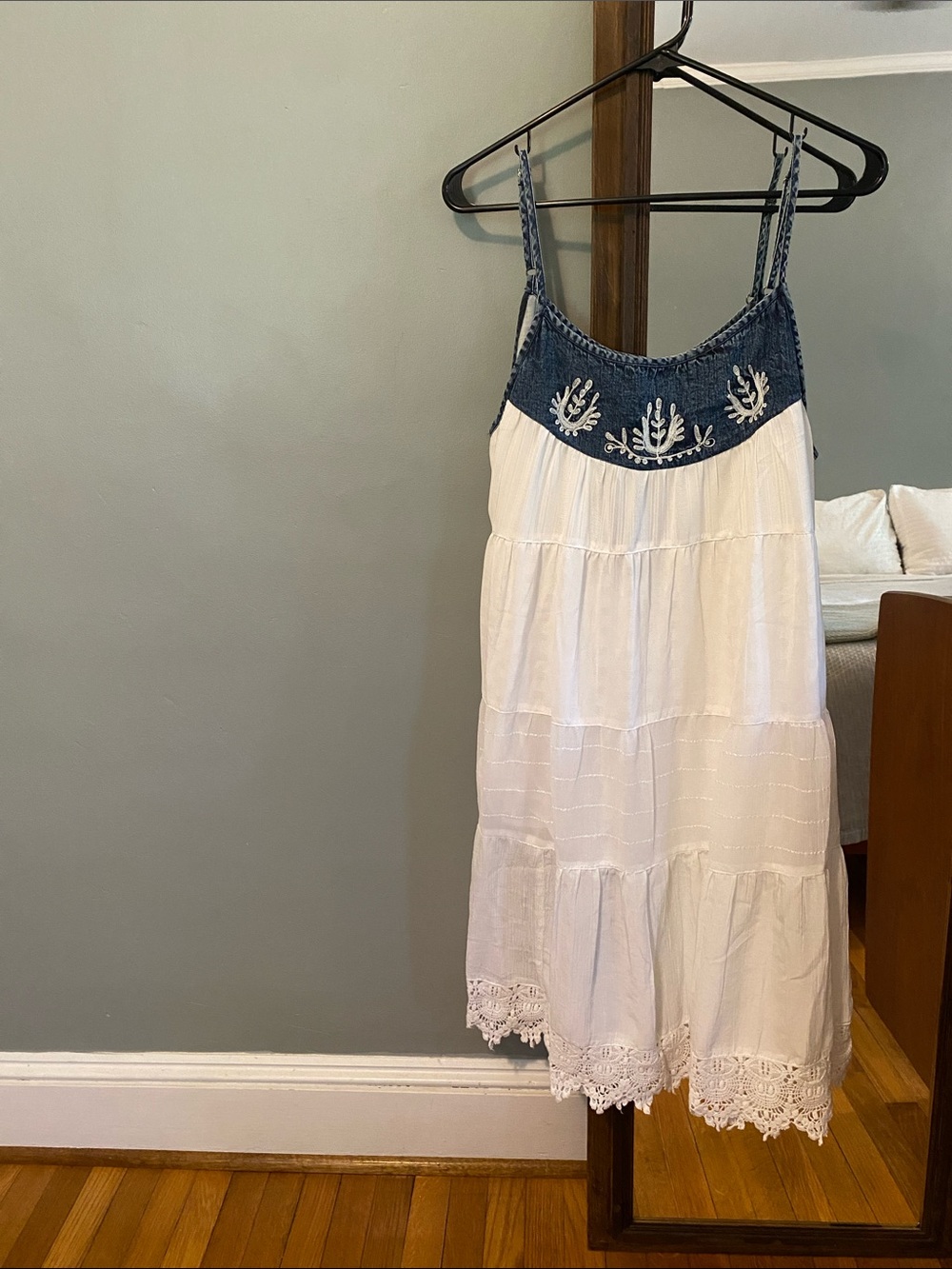 White Tiered Sundress with Denim Yoke and Embroidery